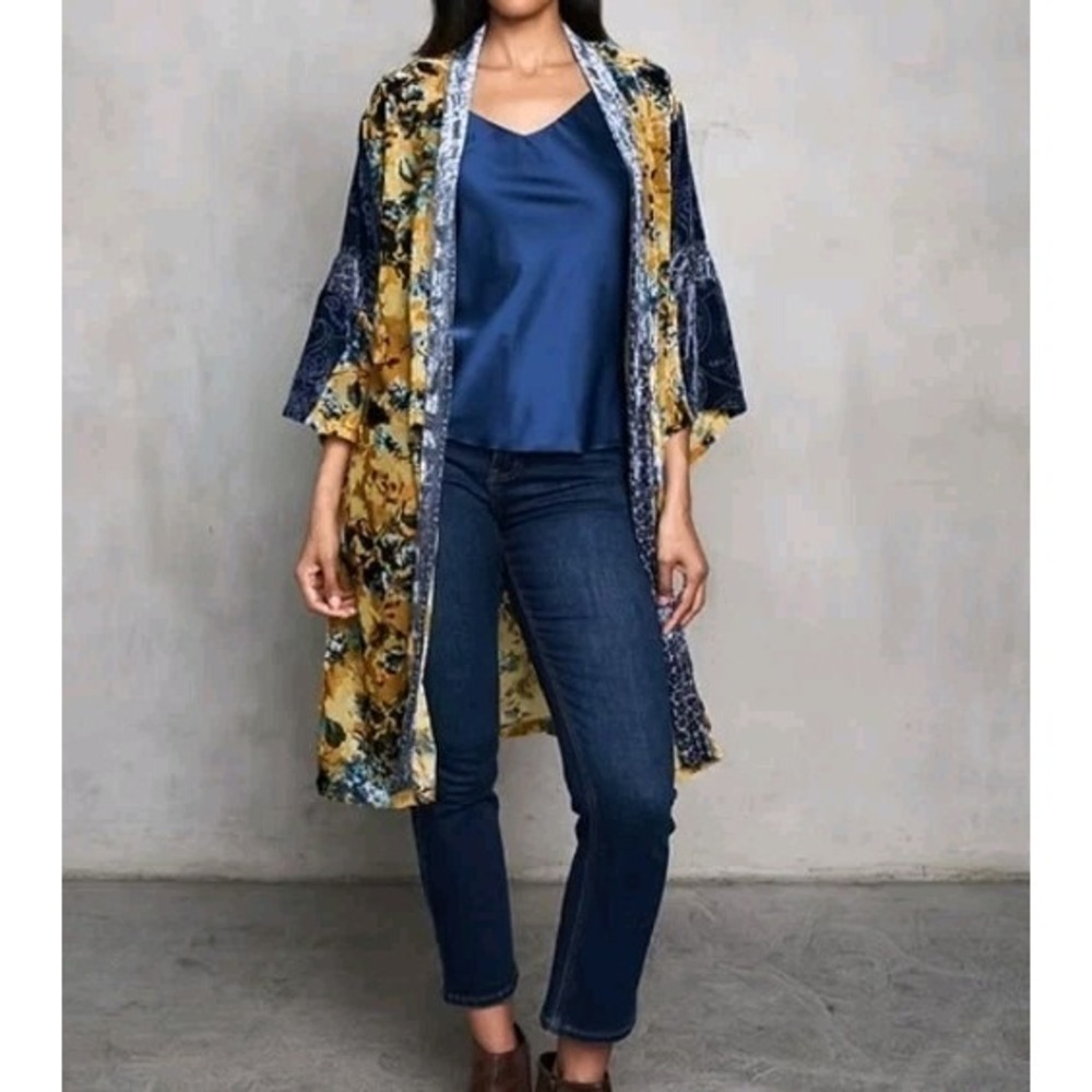 Paparazzi Mixed Velvet Burnout Kimono Long Cardigan Patchwork Oversize S/M Boho